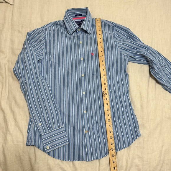 Abercrombie & Fitch Men Sz M Blue Stripe‎ Muscle Button Up Long Sleeve Shirt Y2K - Picture 2 of 5
